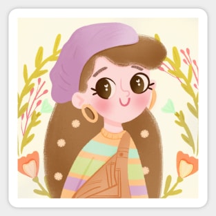 Cute Kawaii Girl in Headscarf and Overalls - Floral Pastel Art Sticker